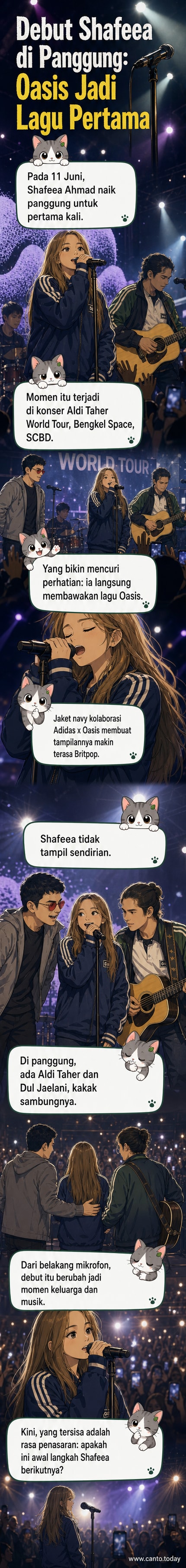 Shafeea Ahmad tampil di atas panggung dengan jaket Adidas navy, didampingi Dul Jaelani dan Aldi Taher dalam konser di Jakarta.