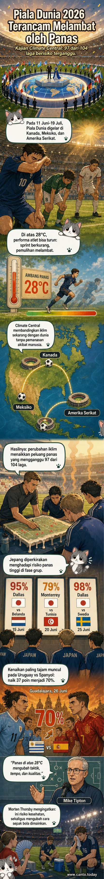 Ilustrasi stadion sepak bola di bawah terik matahari dengan termometer menunjukkan suhu di atas 28°C, simbolisasi dampak perubahan iklim pada Piala Dunia 2026