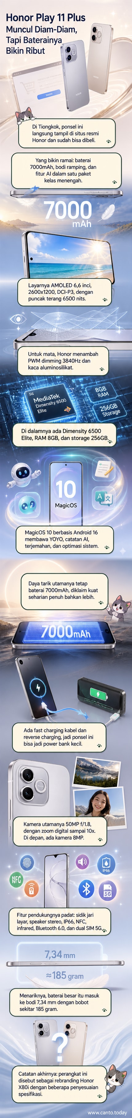 Ilustrasi ponsel Honor Play 11 Plus dengan layar AMOLED menyala, baterai besar, dan desain ramping di latar belakang teknologi modern.