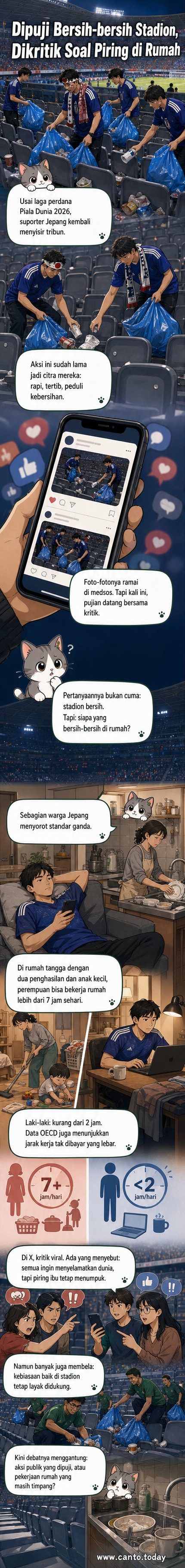 Suporter Jepang membawa kantong sampah sambil membersihkan tribun stadion usai pertandingan Piala Dunia 2026