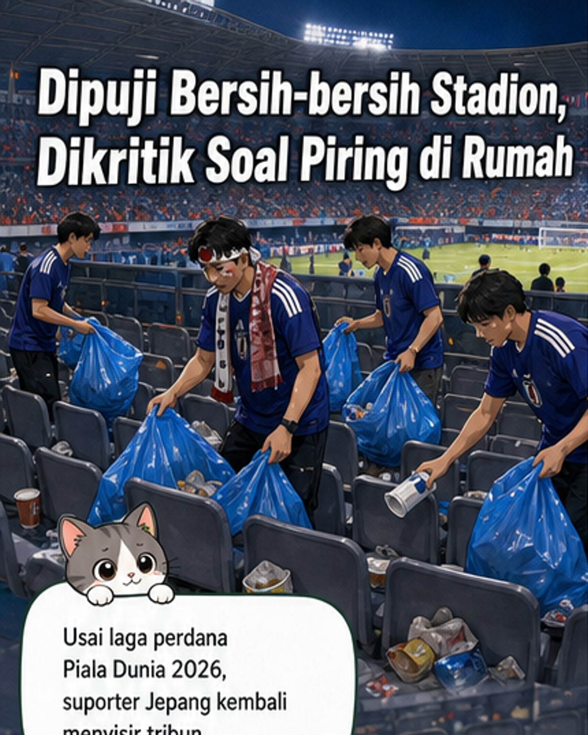 Suporter Jepang membawa kantong sampah sambil membersihkan tribun stadion usai pertandingan Piala Dunia 2026