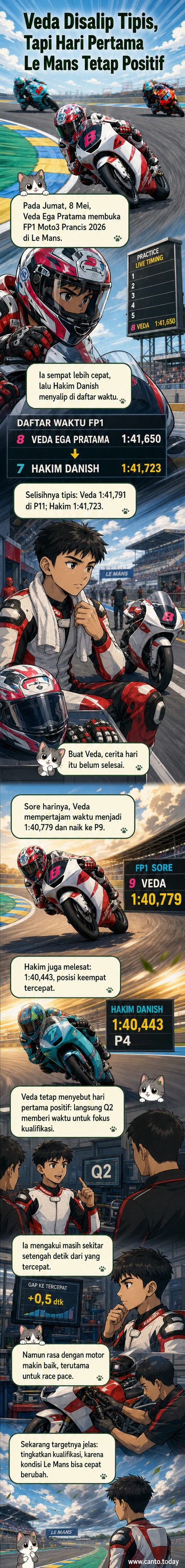 Ilustrasi pembalap muda Indonesia Veda Ega Pratama melintas di sirkuit Le Mans saat sesi latihan Moto3, dengan catatan waktu yang bersaing ketat.