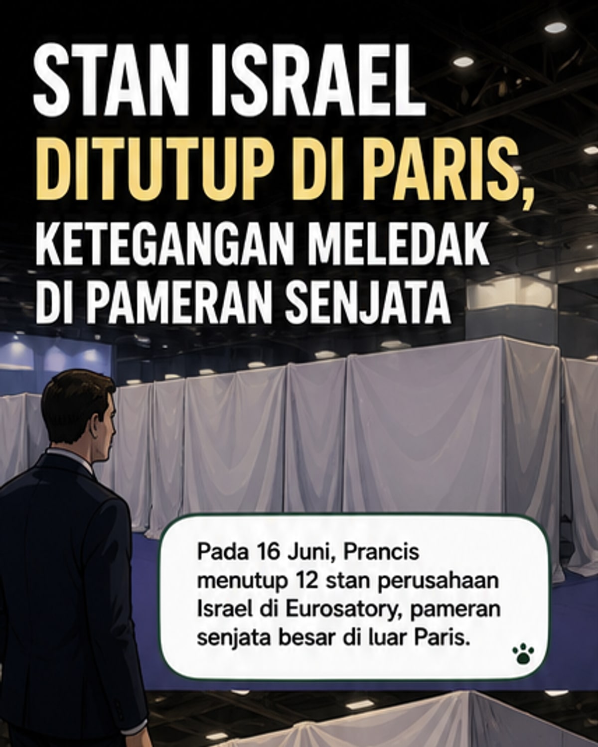 Ilustrasi stan pameran senjata kosong dengan bendera Israel yang ditutup, di tengah ruang pameran internasional yang ramai.