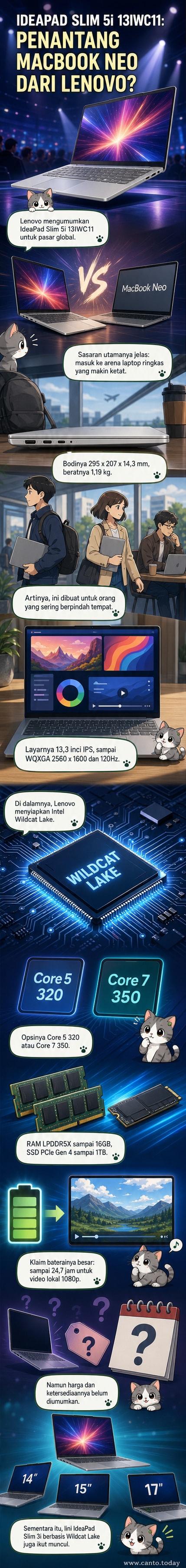 Ilustrasi laptop Lenovo IdeaPad Slim 5i 13IWC11 dengan desain tipis, layar besar, dan latar belakang kantor modern.