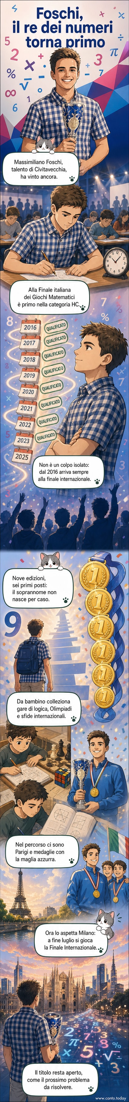 Illustrazione di Massimiliano Foschi, giovane matematico con occhiali e medaglia, circondato da simboli matematici e bandiere italiane.