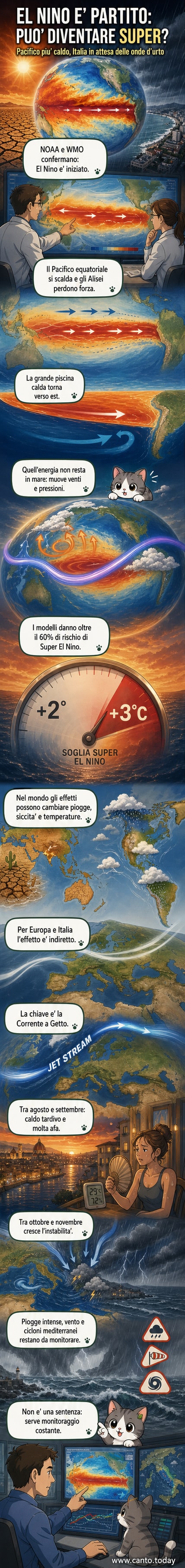 Mappa dell'Oceano Pacifico con anomalie termiche in rosso intenso, indicanti il riscaldamento anomalo delle acque equatoriali legato a El Niño.