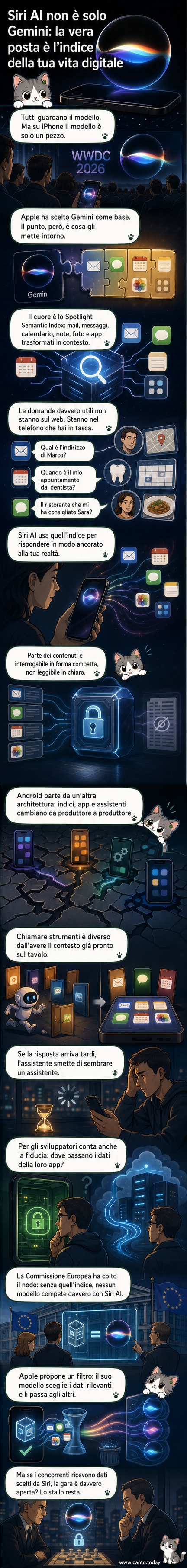 Un iPhone mostra Siri che risponde a una domanda personale, con un'illustrazione che rappresenta dati privati protetti e indicizzati sul dispositivo.