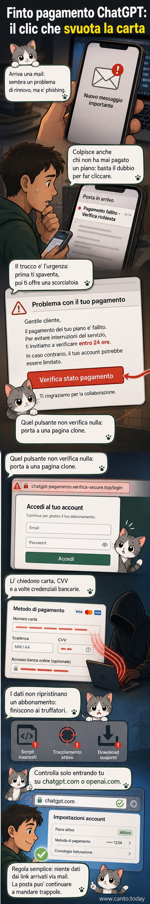 Illustrazione di una email con oggetto 'Pagamento fallito – Verifica richiesta' e un pulsante rosso 'Verifica stato pagamento', con un simbolo di pericolo sopra.