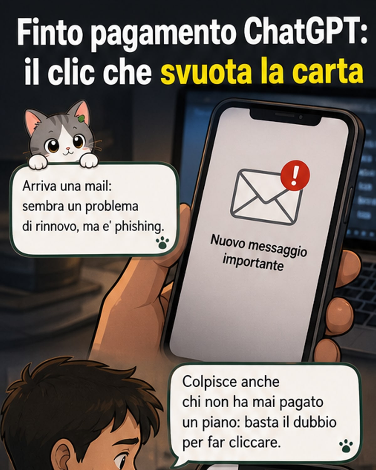 Illustrazione di una email con oggetto 'Pagamento fallito – Verifica richiesta' e un pulsante rosso 'Verifica stato pagamento', con un simbolo di pericolo sopra.