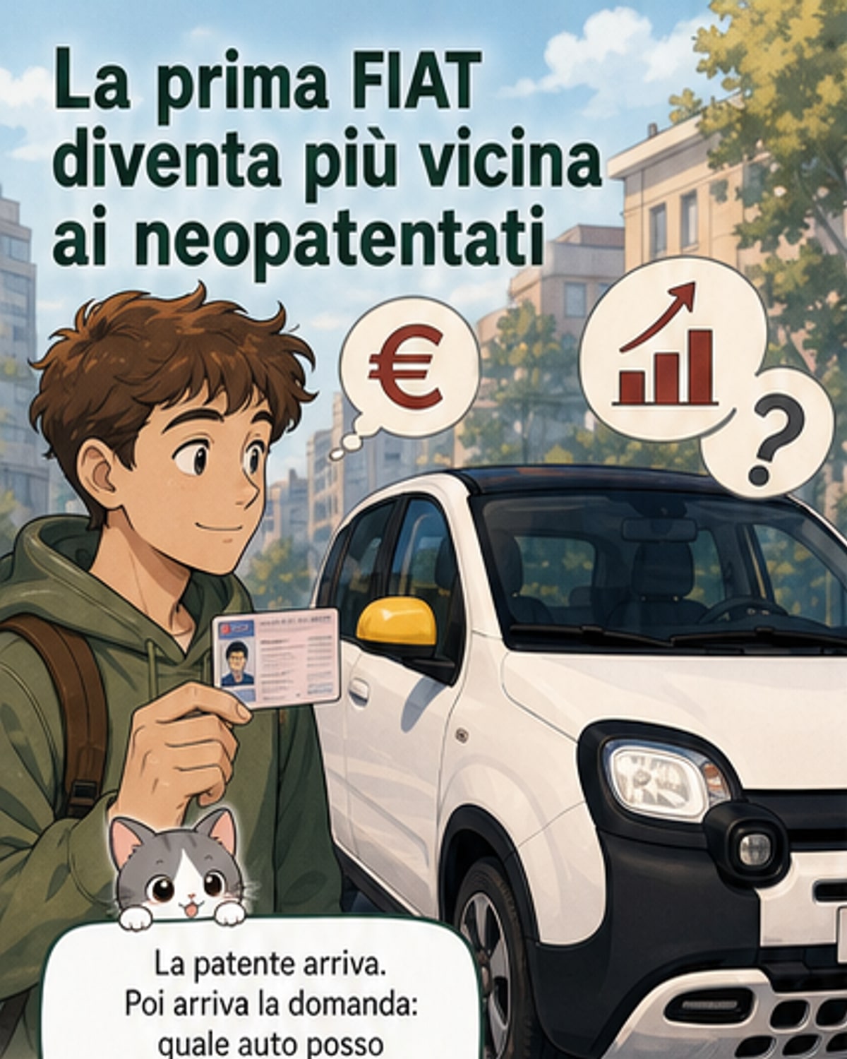 Illustrazione di una giovane coppia davanti a una fila di auto Fiat, tra cui Panda e 500, con un contratto e un casco in primo piano.