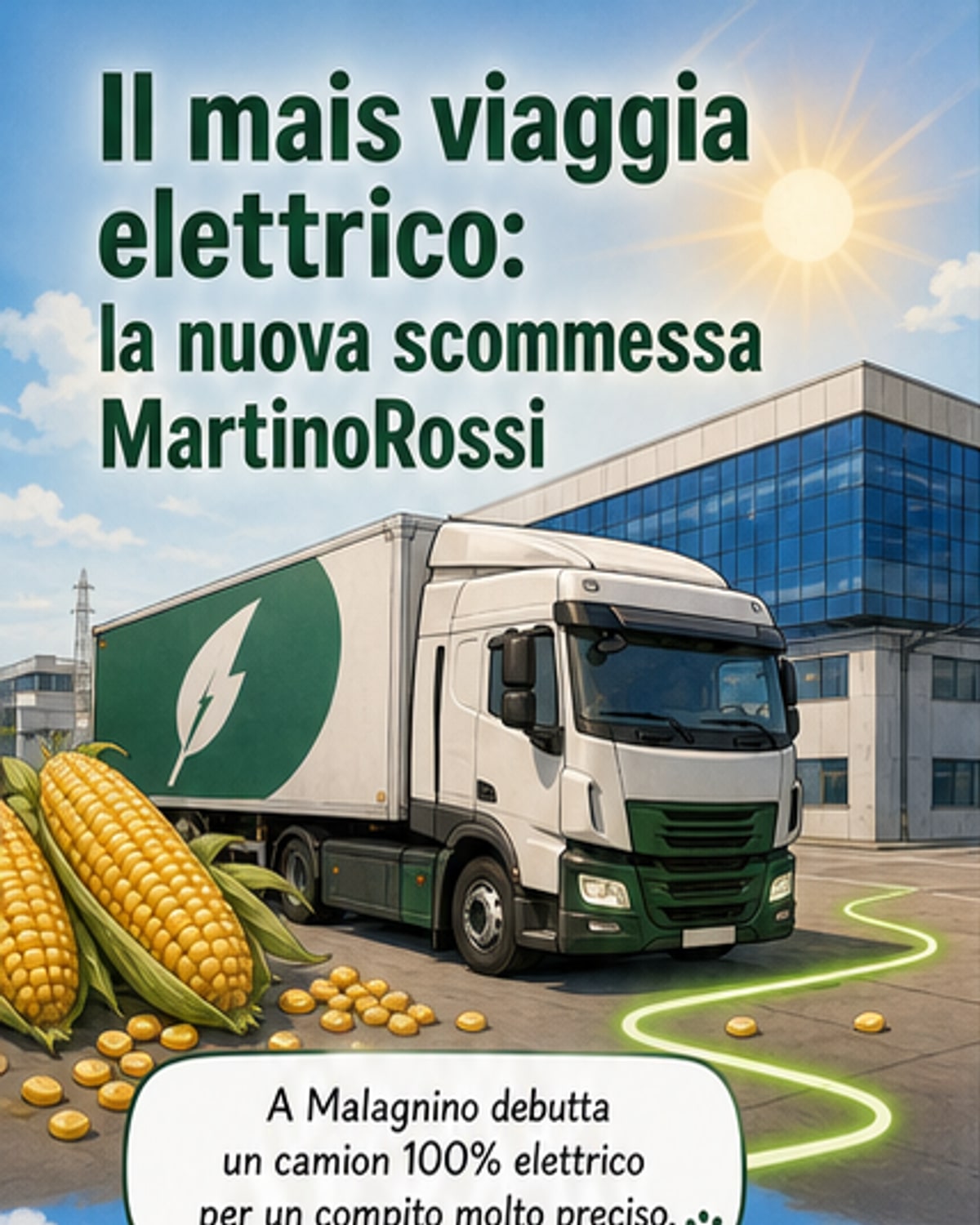 Un camion elettrico bianco e verde con il logo MartinoRossi parcheggiato davanti a uno stabilimento industriale, con un campo di mais sullo sfondo.