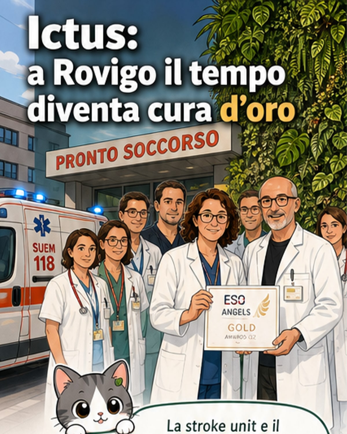 Illustrazione di un team medico in azione in un ospedale, con medici e infermieri che collaborano attorno a un paziente colpito da ictus, simboli di tempo e monitoraggio visibili sullo sfondo.