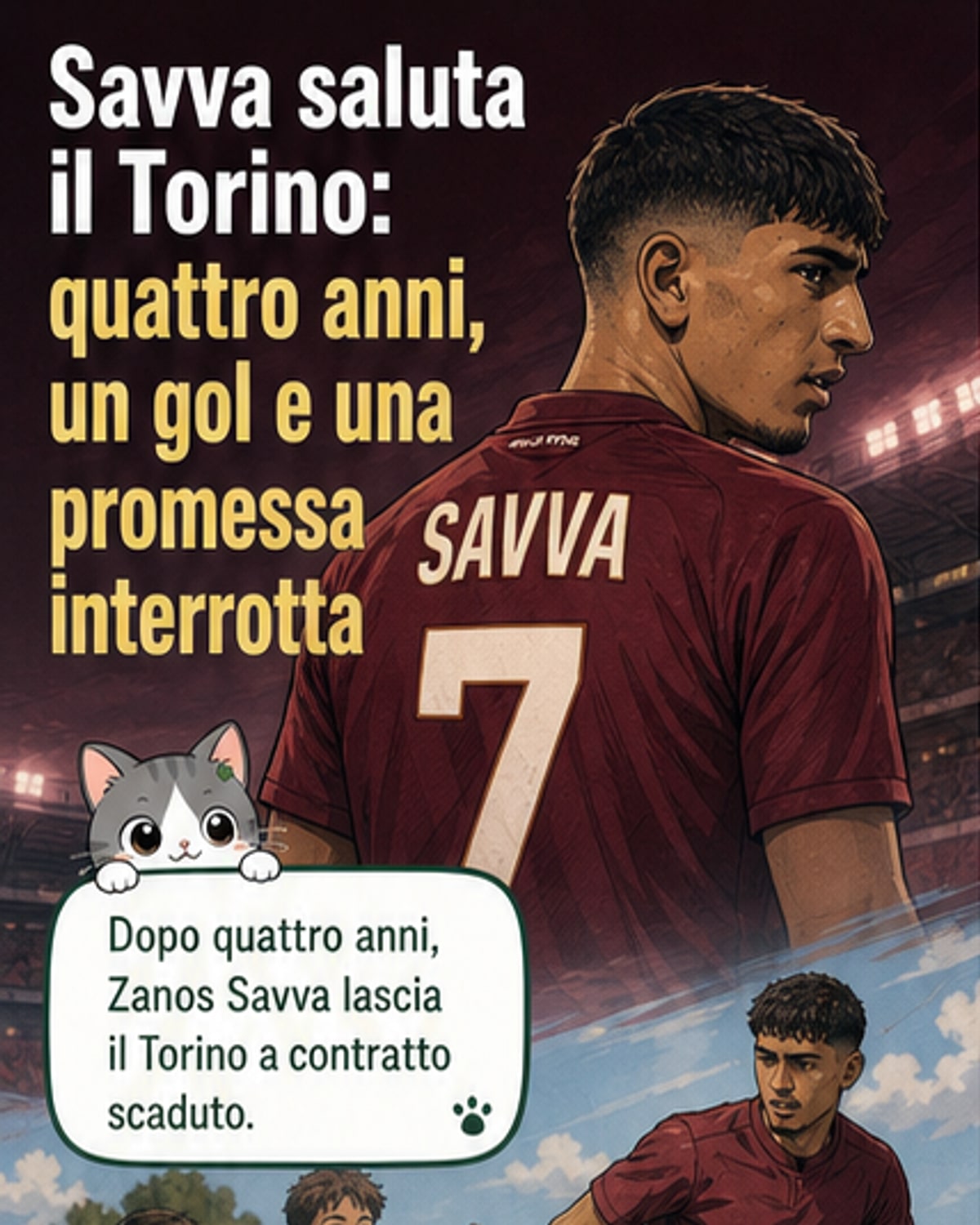 Illustrazione di Zanos Savva con la maglia del Torino, mentre saluta i tifosi con la mano alzata, sullo sfondo lo stadio Granata.