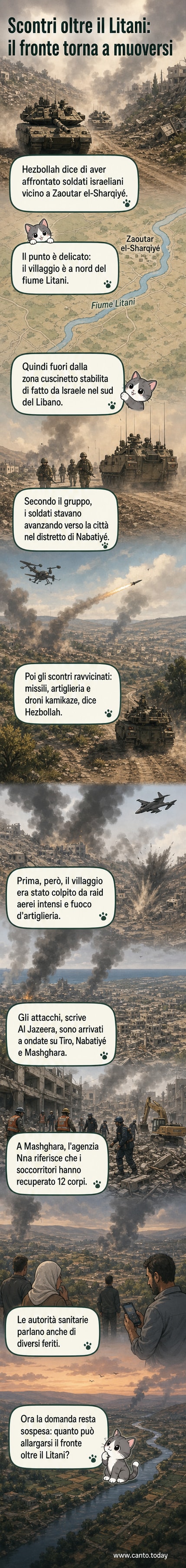 Pannello illustrato che mostra un confine montuoso con il fiume Litani al centro, da un lato soldati israeliani in movimento, dall'altro combattenti di Hezbollah che rispondono al fuoco, con villaggi in fumo sullo sfondo.