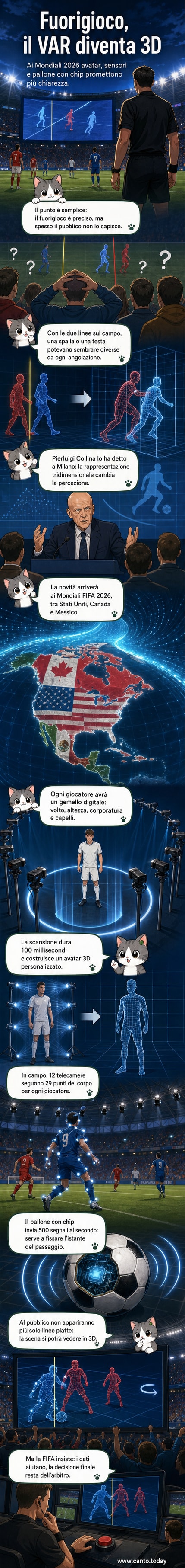 Ricostruzione 3D di una scena di fuorigioco con avatar digitali dei calciatori posizionati in campo, mostrata su uno schermo durante un'analisi arbitrale
