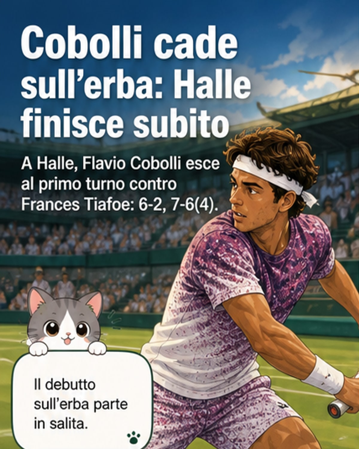 Illustrazione di Flavio Cobolli che colpisce un dritto in campo durante il match contro Frances Tiafoe a Halle, con l'avversario in posizione di risposta e il pubblico in secondo piano.