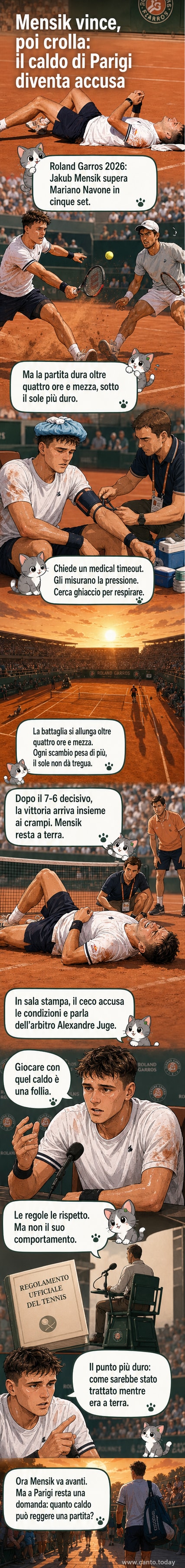 Jakub Mensik con una borsa di ghiaccio in testa durante un match estenuante al Roland Garros 2026, visibilmente provato dal caldo.