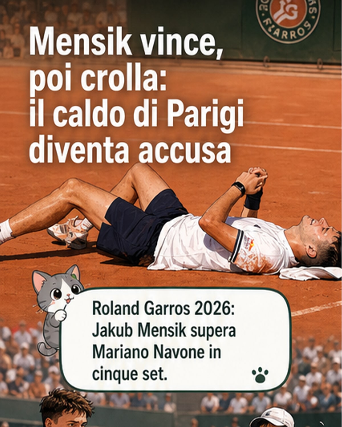 Mensik crolla per il caldo a Roland Garros