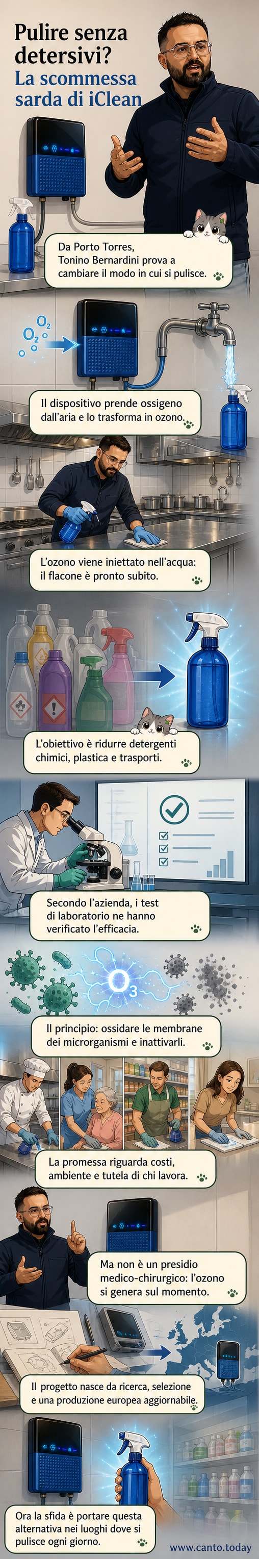 Un dispositivo bianco e compatto collegato a un rubinetto, che trasforma l'acqua in una soluzione igienizzante attraverso l'ozonizzazione, in un ambiente domestico e professionale.