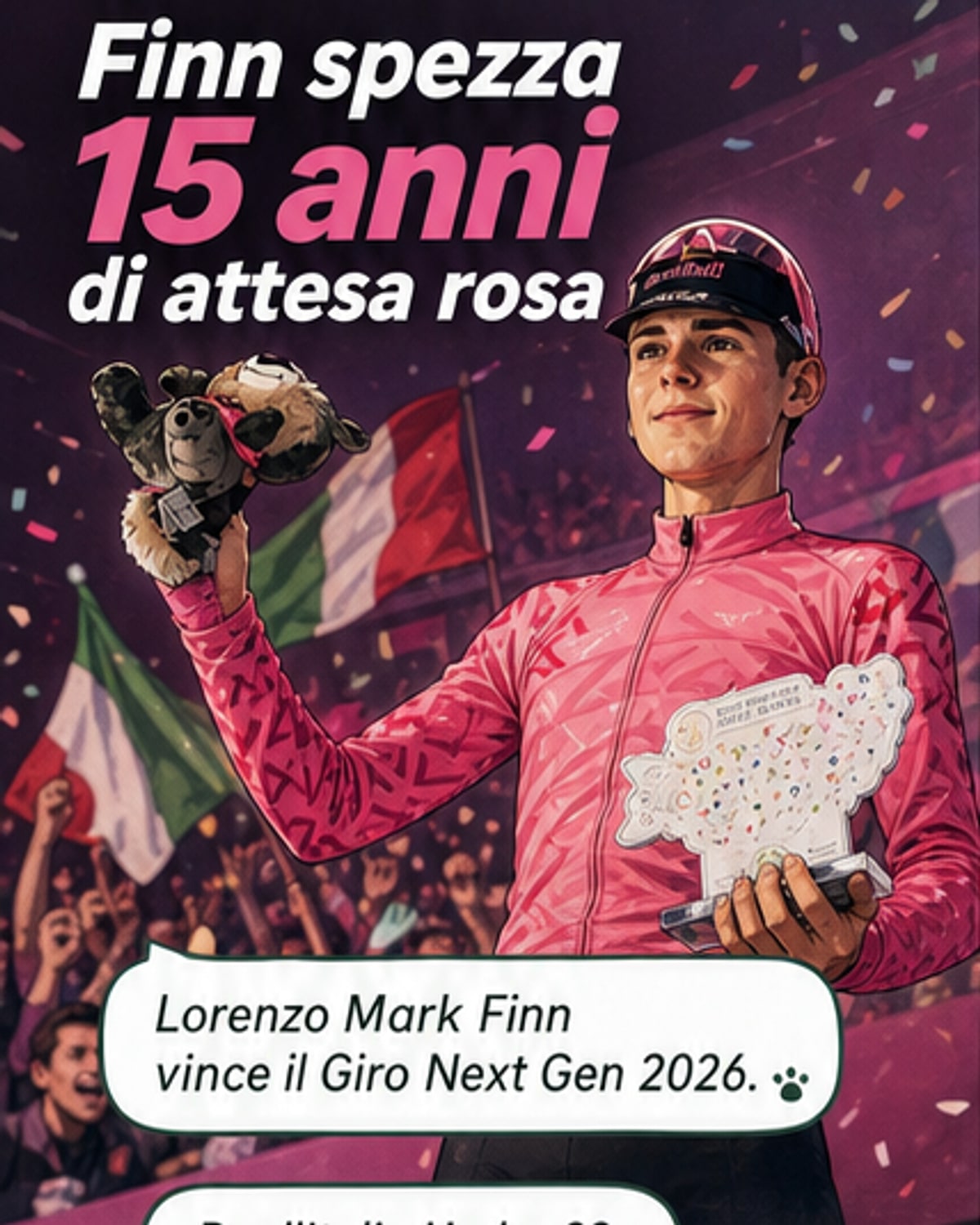 Lorenzo Mark Finn sul podio del Giro Next Gen 2026 con la maglia rosa, mentre viene suonato l'Inno di Mameli.