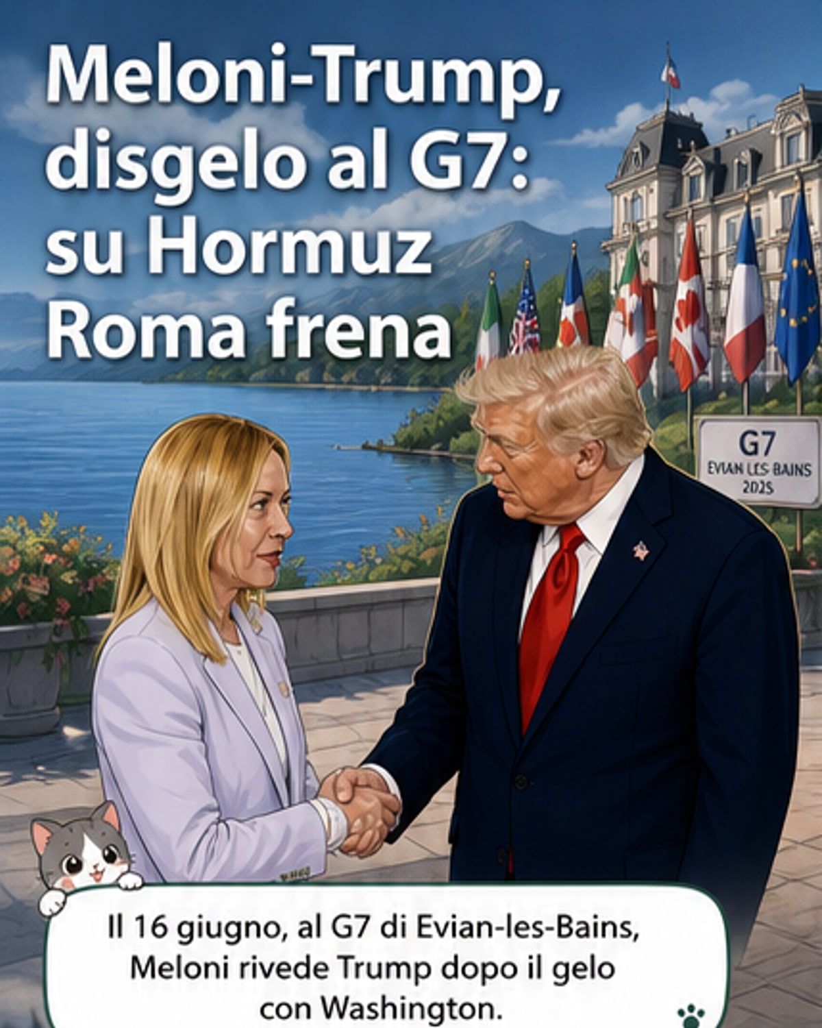 Illustrazione di Meloni e Trump che si incontrano con un'espressione formale, sullo sfondo lo Stretto di Hormuz e navi militari