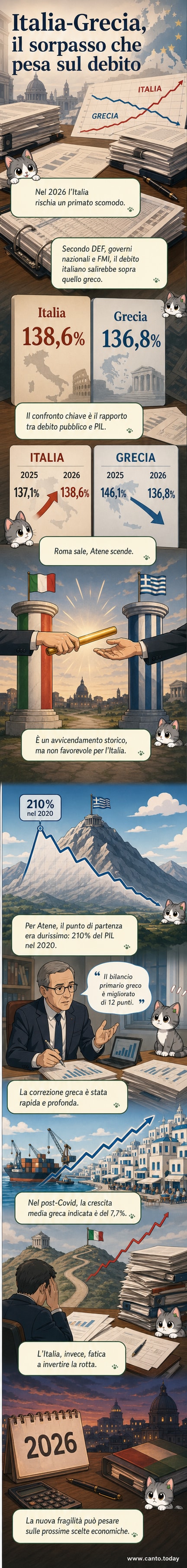 Grafico che mostra il sorpasso dell'Italia sulla Grecia nel rapporto debito/PIL entro il 2026, con dati crescenti per l'Italia e in calo per la Grecia.