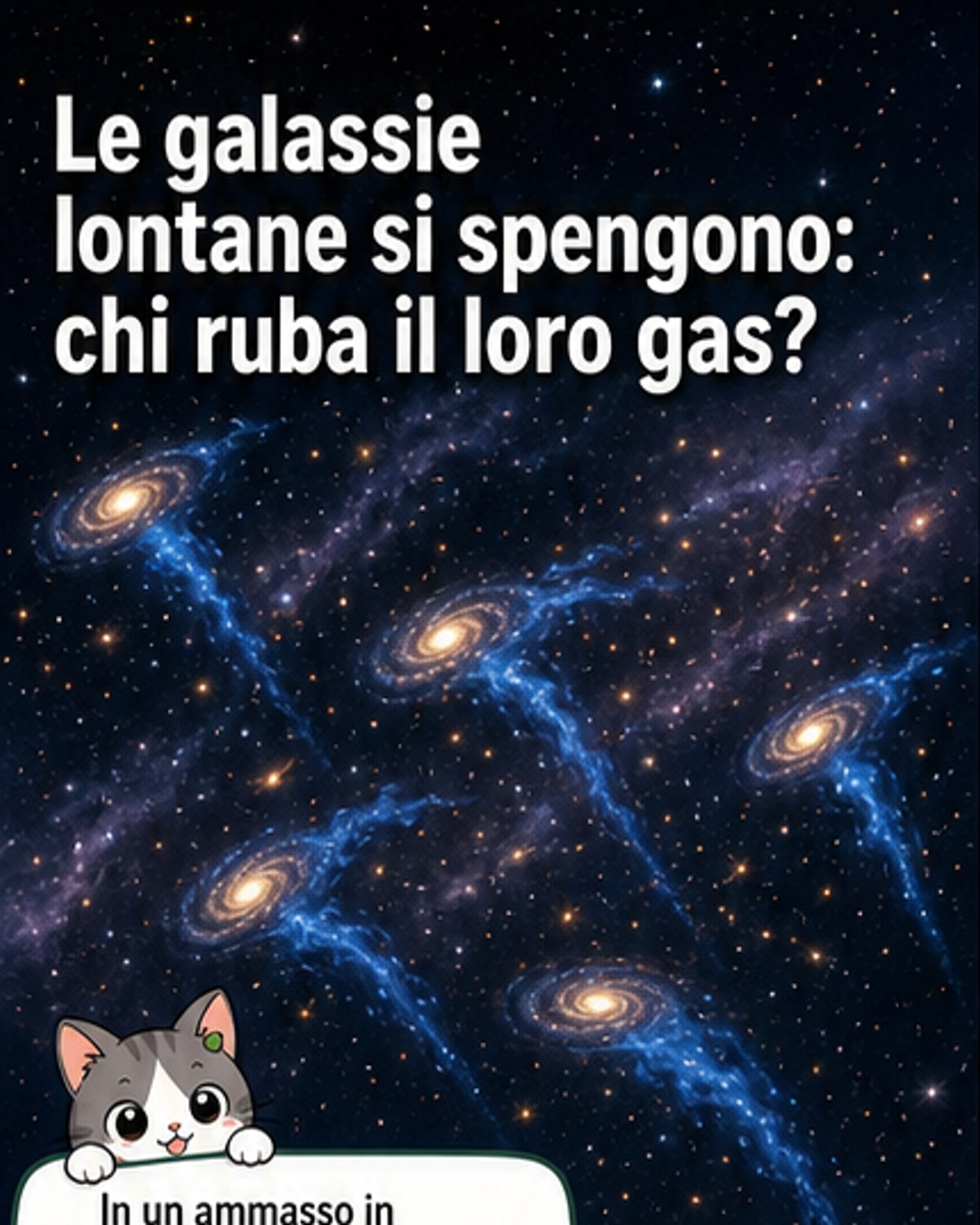 Rappresentazione artistica di una galassia con code di gas blu che si estendono nello spazio, mentre attraversa un ammasso galattico. In basso a destra, un'immagine reale della galassia Eso 137-001 ripresa da Hubble, con filamenti azzurri che si dipartono come tentacoli.
