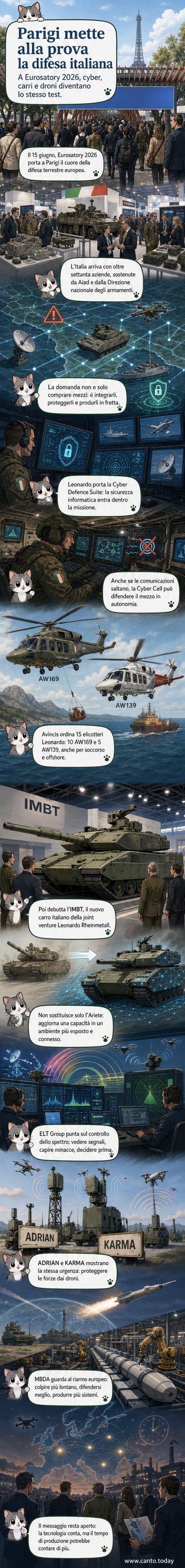 Padiglione italiano a Eurosatory 2026 con esposizione di carri armati, sistemi cyber e tecnologie di guerra elettronica