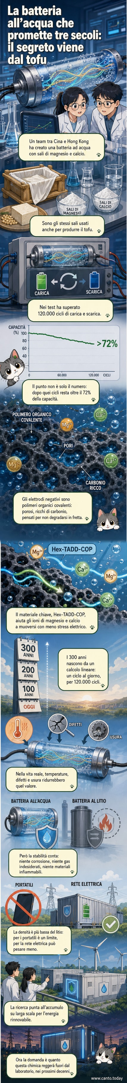 Un'illustrazione schematica di una batteria a base d'acqua con elettrolita trasparente e componenti in polimero, circondata da simboli di energia rinnovabile e tofu per indicare l'origine dei sali.