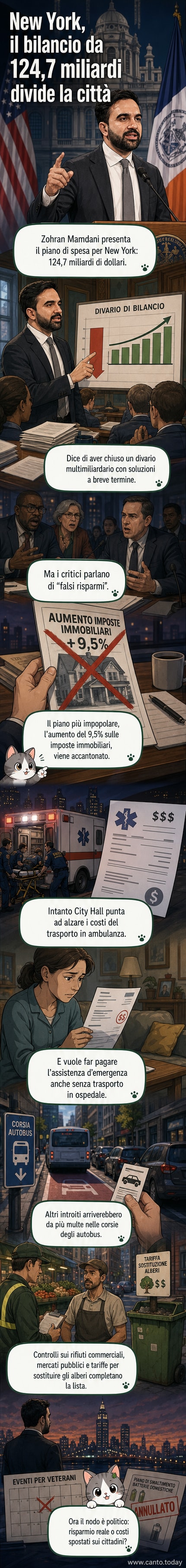 Illustrazione di un sindaco che presenta un enorme foglio con cifre, mentre cittadini protestano con cartelli contro aumenti e tagli ai servizi a New York.
