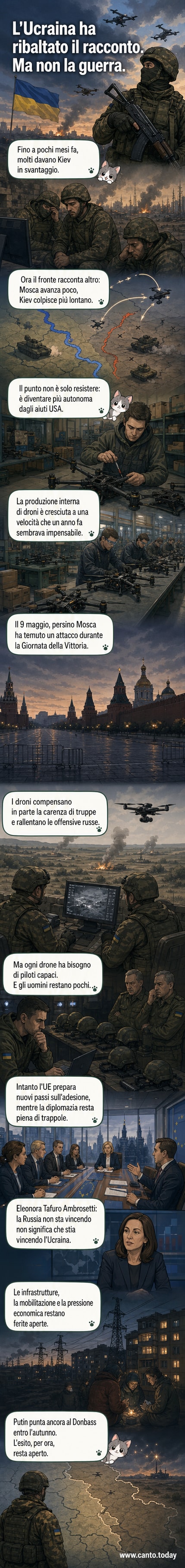 Un drone militare ucraino in volo notturno verso una zona di conflitto, con in background una mappa dell'Europa orientale e luci di esplosioni in lontananza.