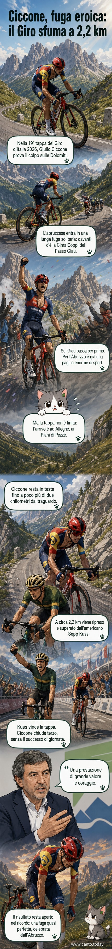 Giulio Ciccone in bicicletta durante una salita sulle Dolomiti, con il paesaggio montano sullo sfondo e il pubblico lungo la strada.