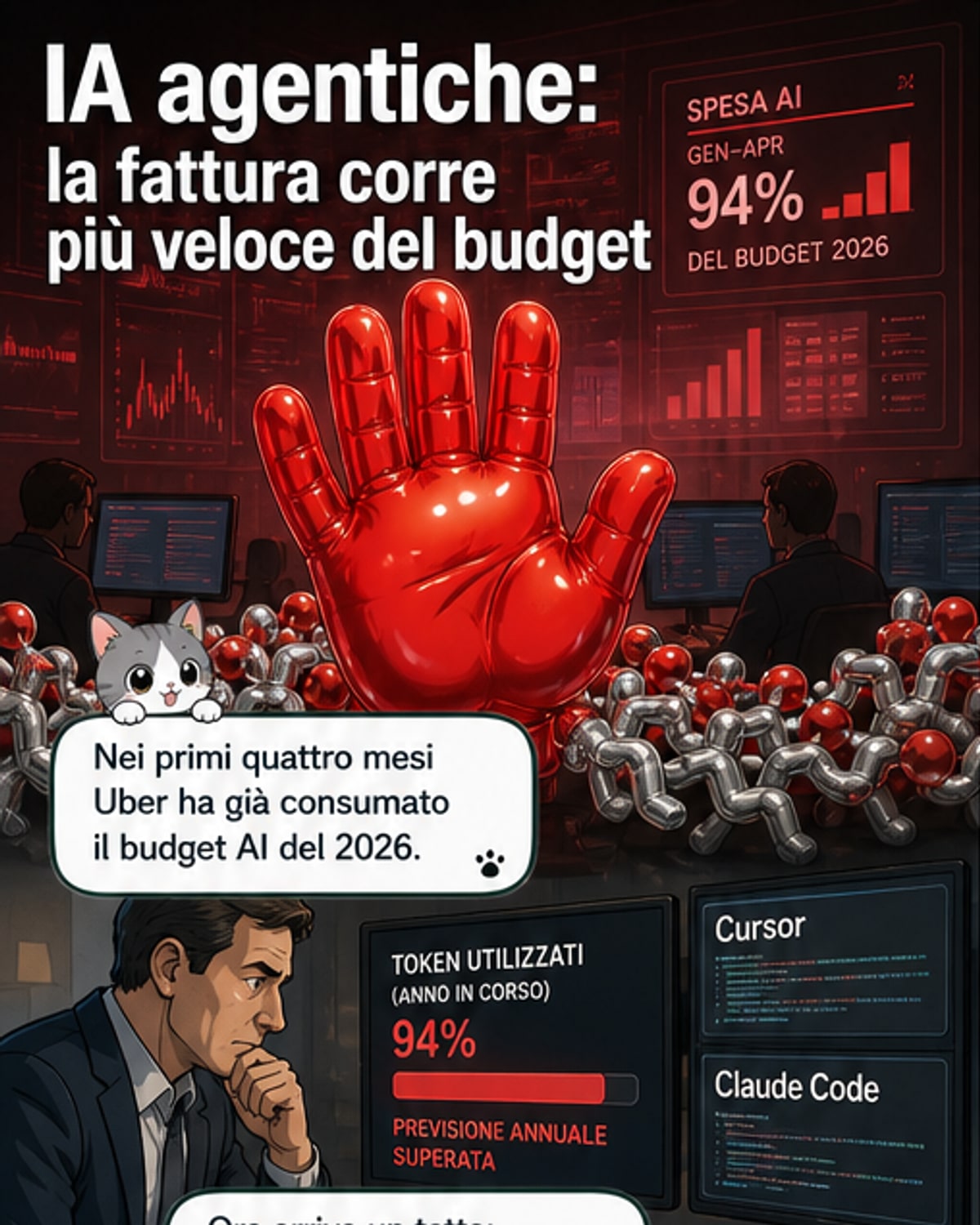 Illustrazione di un CFO che pone un limite su un flusso di token digitali, con icone di sviluppatori e agenti AI in background