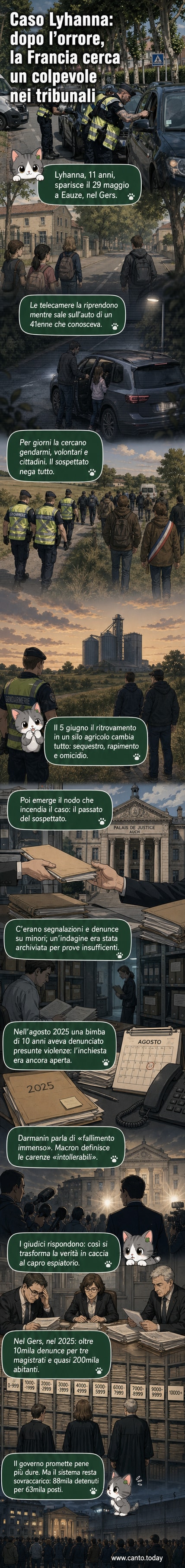 Illustrazione di una bambina con un fiore, circondata da ombre di adulti in toga e divise, simbolo del caso Lyhanna in Francia.