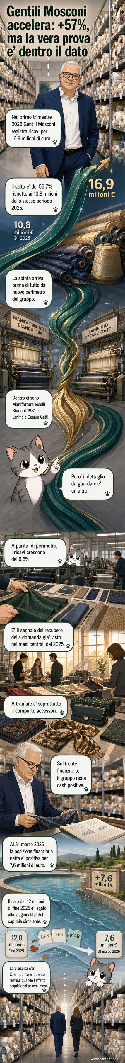 Grafico con freccia in salita e cifre: ricavi Gentili Mosconi a 16,9 milioni nel Q1 2026, +56,7% su anno precedente