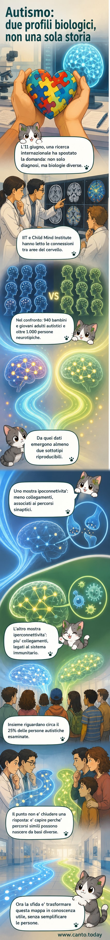 Illustrazione schematica del cervello con due profili di connettività: uno con collegamenti ridotti (ipoconnettività) e uno con collegamenti aumentati (iperconnettività), a confronto.