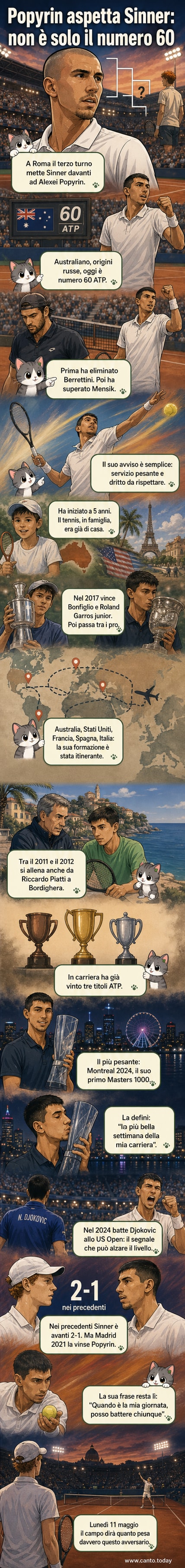 Illustrazione di Alexei Popyrin in campo a Roma, con sfondo del Foro Italico e dettagli del suo profilo: dritto potente, vittoria su Djokovic, tifo per l'Everton.