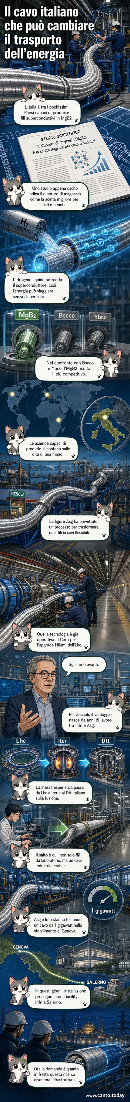 Un cavo superconduttivo realizzato da Asg, con sezione trasversale che mostra fili in MgB2, circondato da simboli di energia pulita e idrogeno liquido.