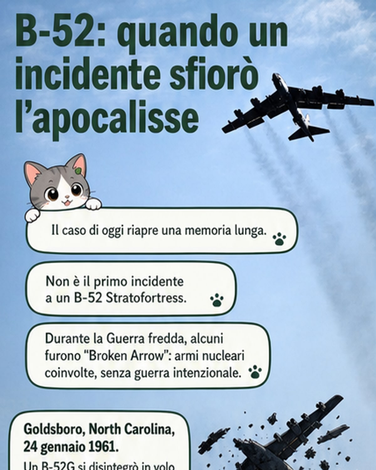 Un B-52 Stratofortress in volo, simbolo della potenza aerea statunitense durante la Guerra Fredda, con ombra sul terreno che ricorda incidenti nucleari mai risolti.