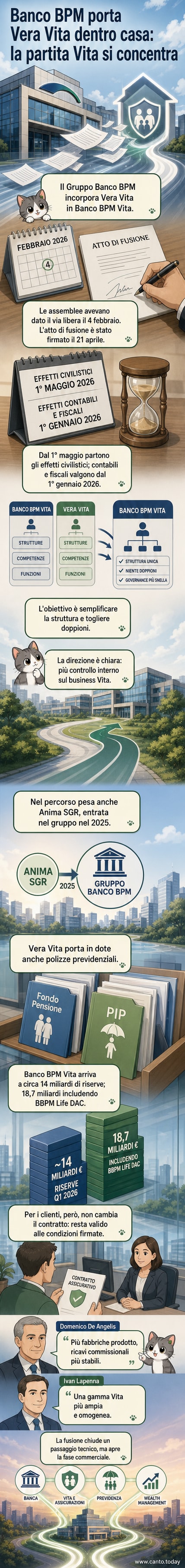 Illustrazione stilizzata di due edifici bancari che si fondono in uno, con simboli di euro e scudi assicurativi che si uniscono sopra di essi.