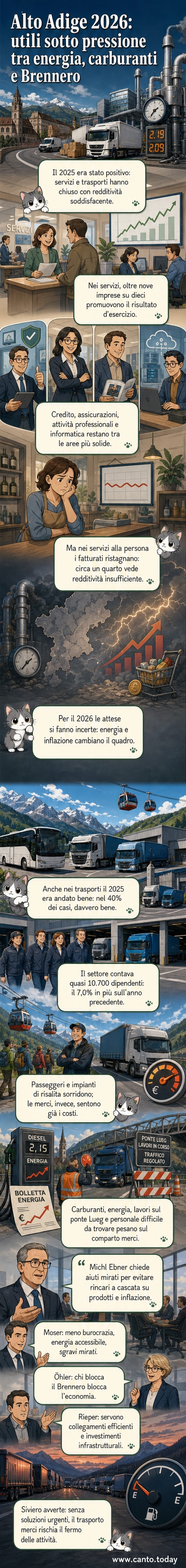 Un camion e un ufficio con grafici: rappresentazione visiva delle sfide per il settore dei trasporti e dei servizi in Alto Adige nel 2026.