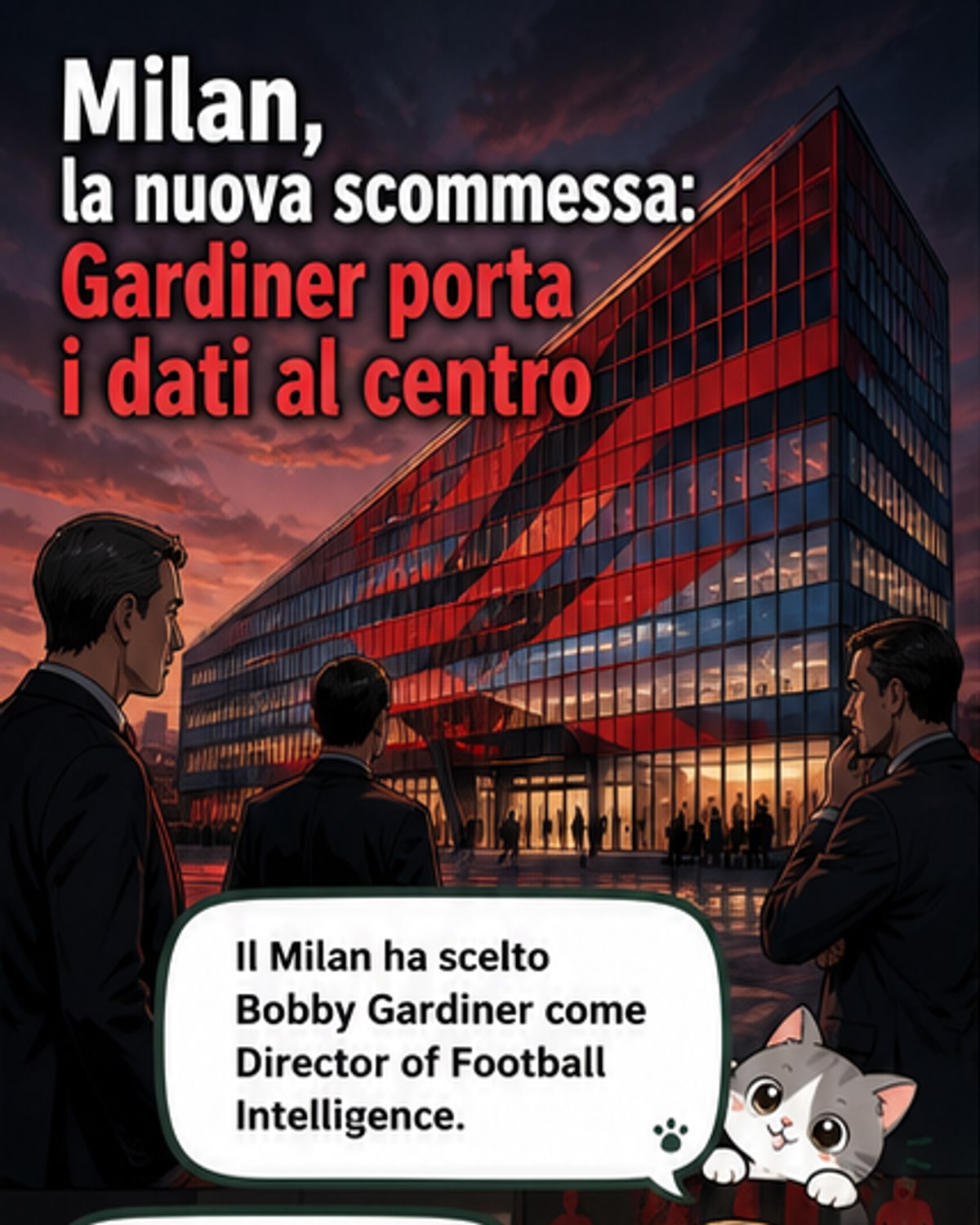 Illustrazione stilizzata di un campo da calcio con grafici di analisi dati sovrapposti e il profilo di Bobby Gardiner, nuovo Director of Football Intelligence del Milan.