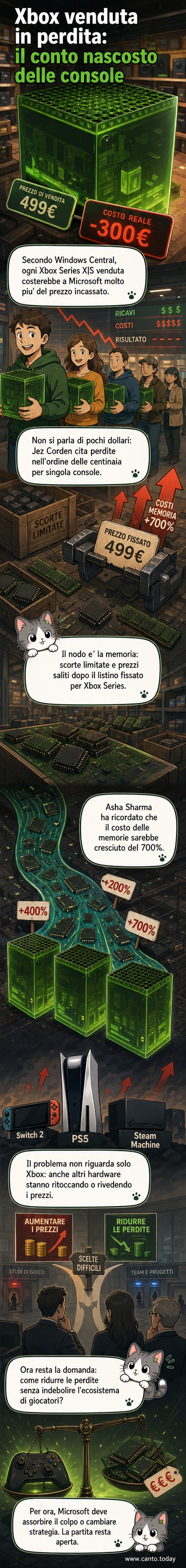 Illustrazione di una Xbox Series X con simboli di dollari rossi che scendono, a indicare perdite finanziarie per ogni unità venduta.