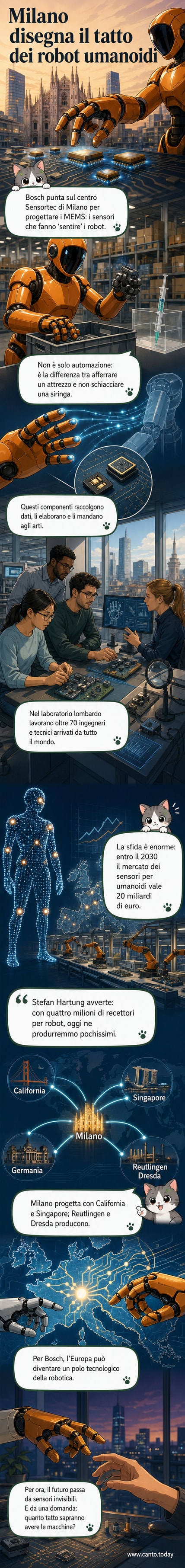Illustrazione di un robot umanoide con sensori Mems evidenziati lungo le braccia e le mani, mentre interagisce con oggetti delicati in un ambiente domestico e industriale.