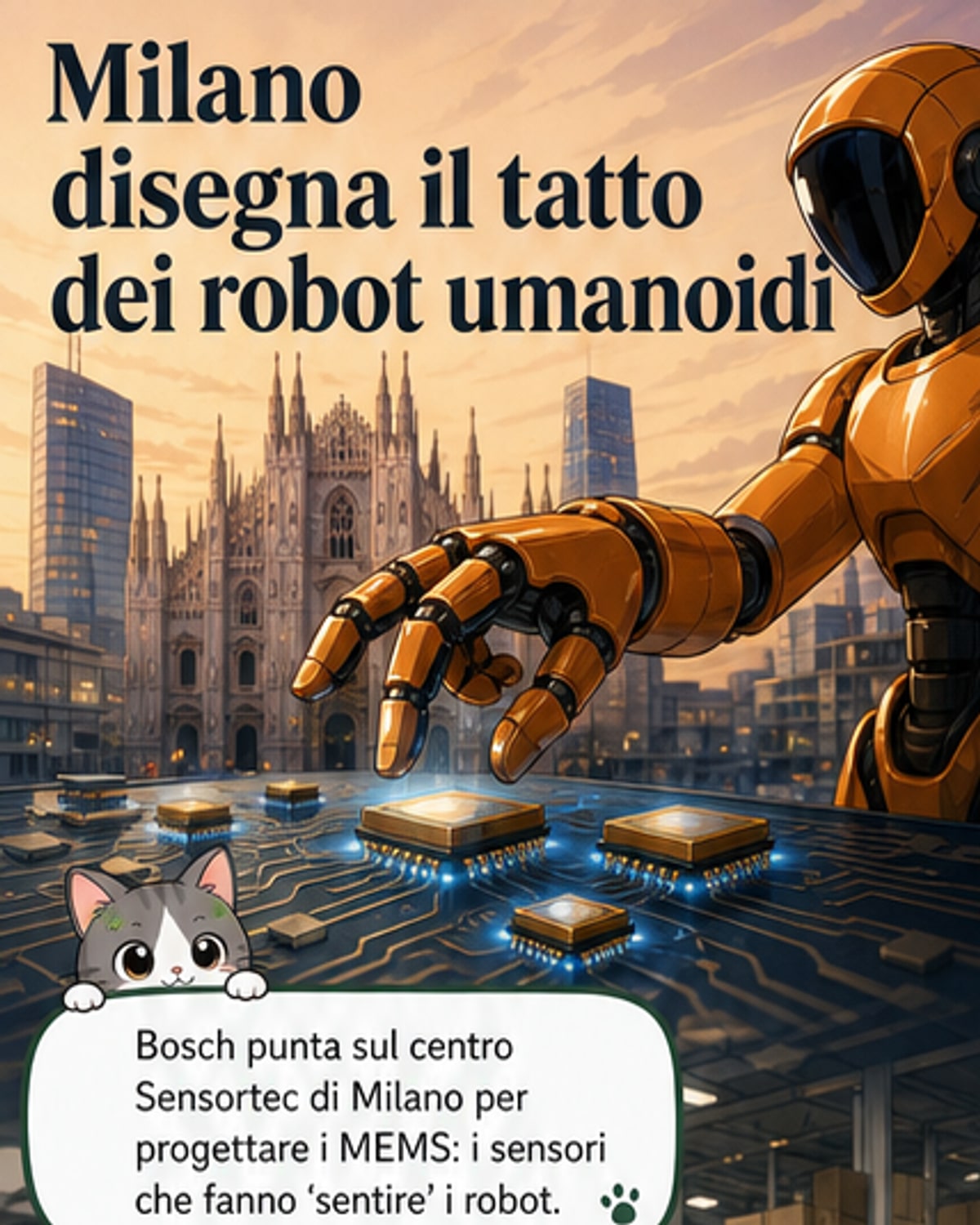 Illustrazione di un robot umanoide con sensori Mems evidenziati lungo le braccia e le mani, mentre interagisce con oggetti delicati in un ambiente domestico e industriale.