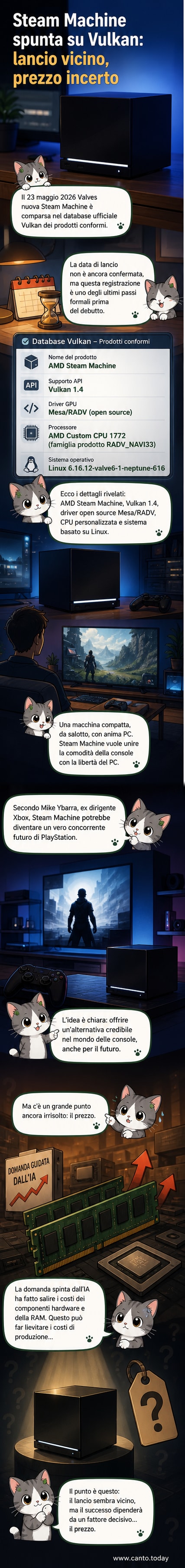 Illustrazione stilizzata di una console Steam Machine con dettagli tecnici come GPU AMD e sistema Linux, circondata da icone di Vulkan e codice open-source.