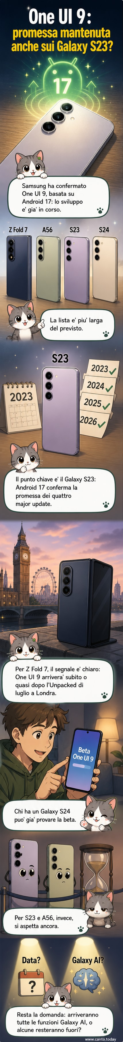 Illustrazione stilizzata di un telefono pieghevole Galaxy Z Fold 7 e uno smartphone Galaxy S24 fianco a fianco, con icone di aggiornamento Android 17 e One UI 9 che fluttuano sopra.