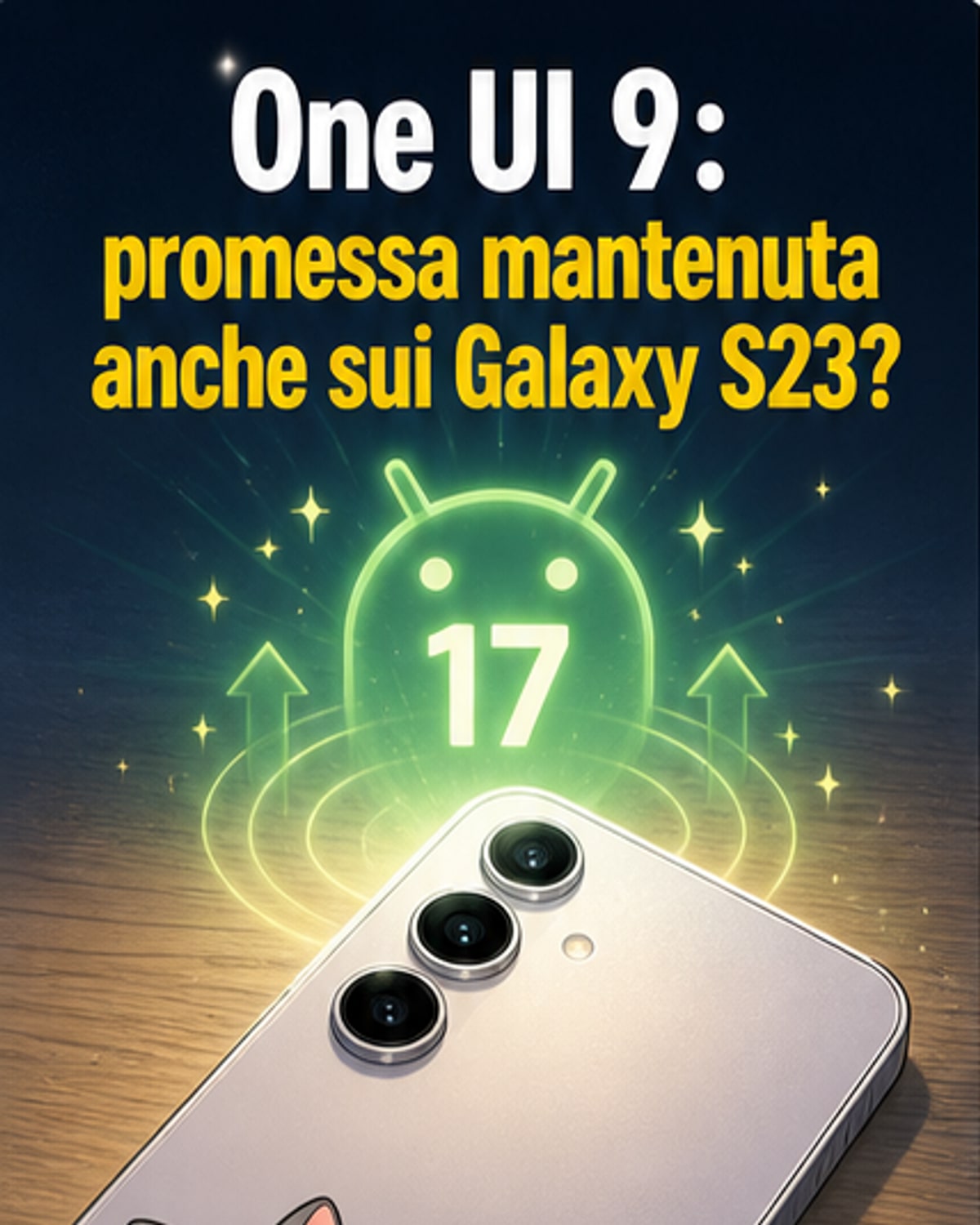 Illustrazione stilizzata di un telefono pieghevole Galaxy Z Fold 7 e uno smartphone Galaxy S24 fianco a fianco, con icone di aggiornamento Android 17 e One UI 9 che fluttuano sopra.