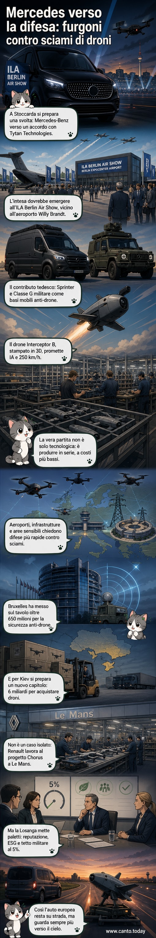 Un furgone Mercedes Sprinter e un Classe G militare equipaggiati con droni anti-droni in un'area espositiva dedicata alla difesa aerea.