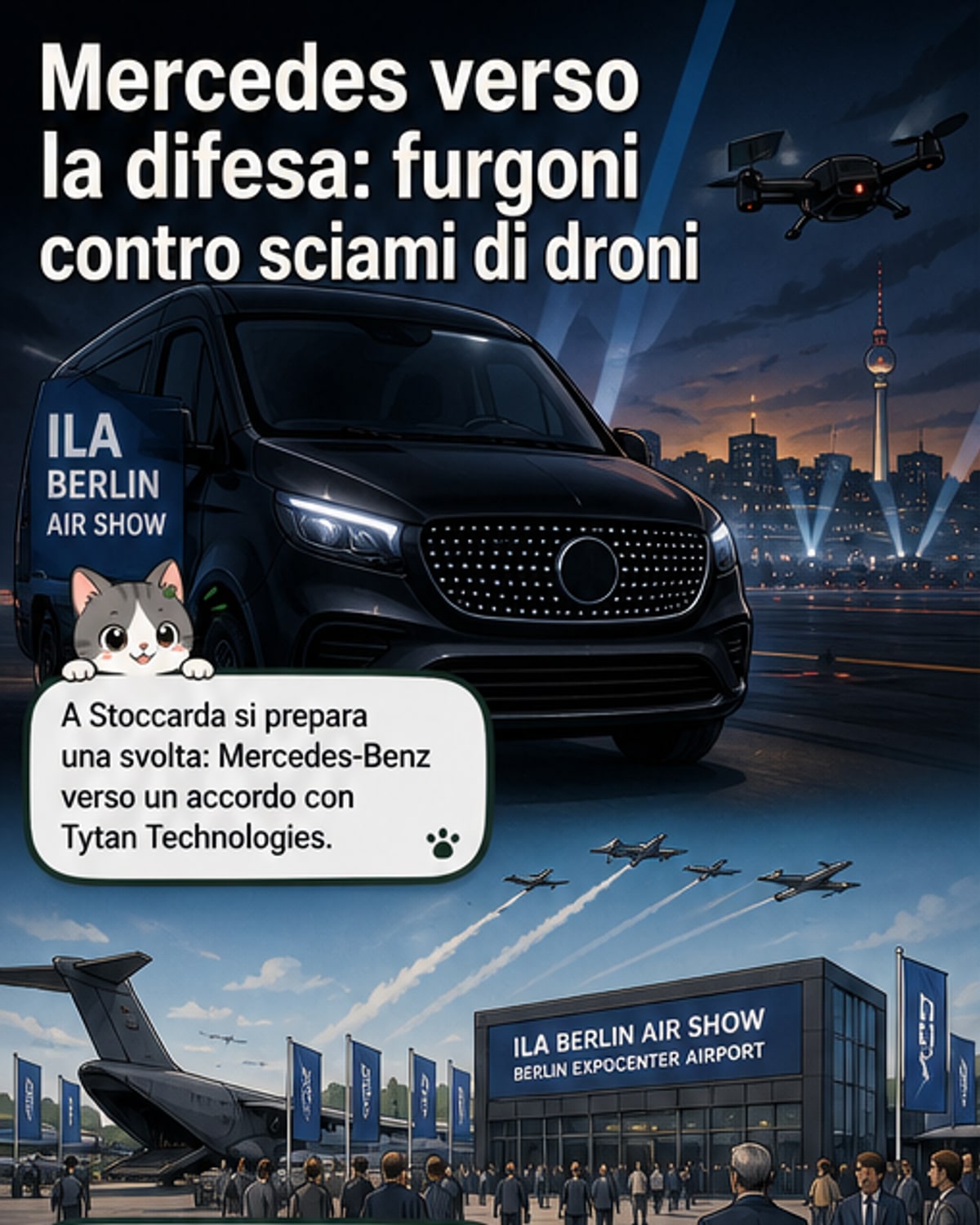 Un furgone Mercedes Sprinter e un Classe G militare equipaggiati con droni anti-droni in un'area espositiva dedicata alla difesa aerea.